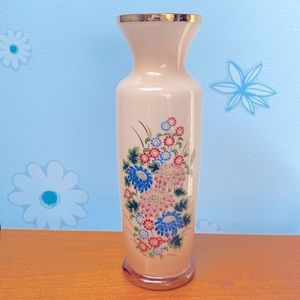 Vintage 8" Light Pink Cylinder Glass Vase Multicolor Floral Theme with Gold Trim